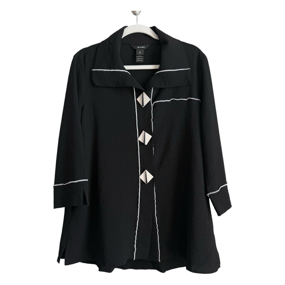 Ali Miles Tunic Top M Black White Crinkle Novelty Button Artsy Blouse Lagenlook
